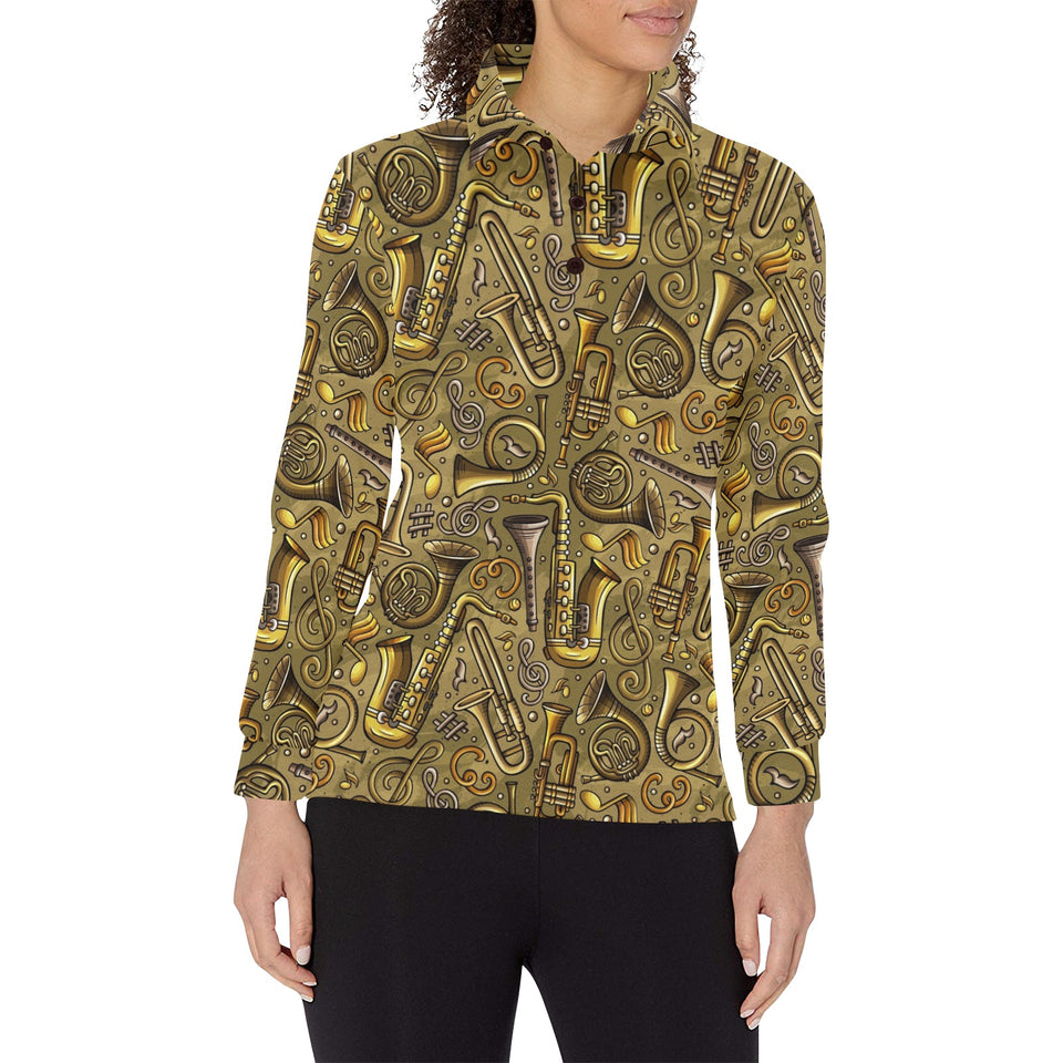 Saxophone Gold Pattern Women's Long Sleeve Polo Shirt