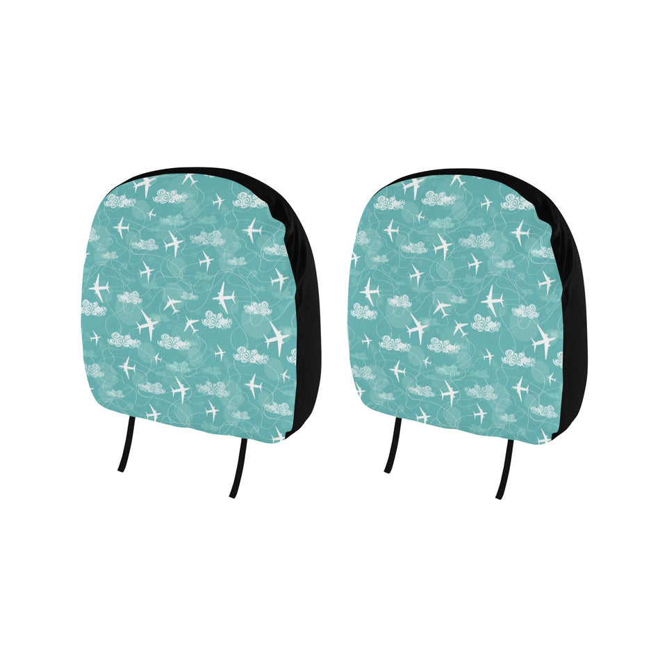 Airplane Cloud Pattern Green Background Car Headrest Cover