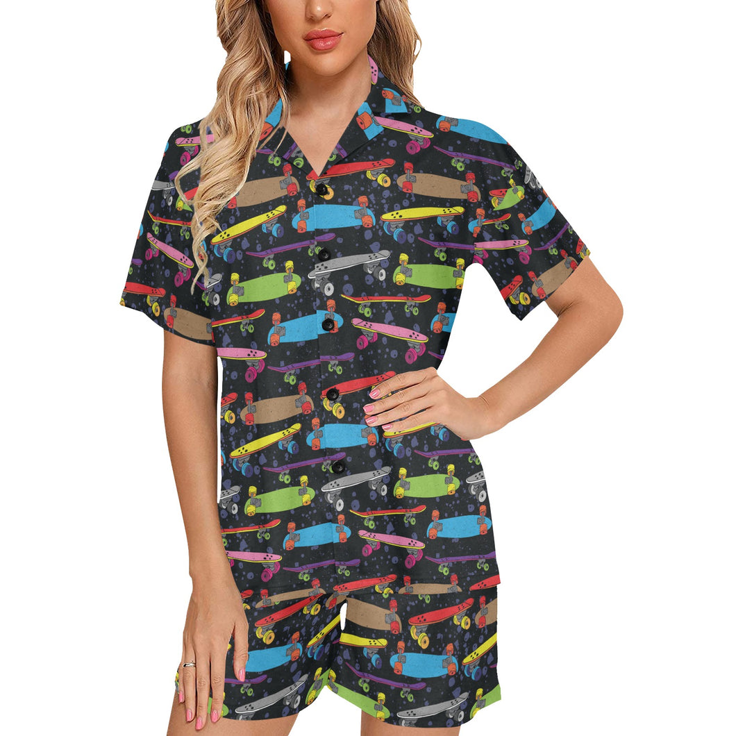 Skate Board Pattern Print Design 03 Women's V-Neck Short Pajama Set