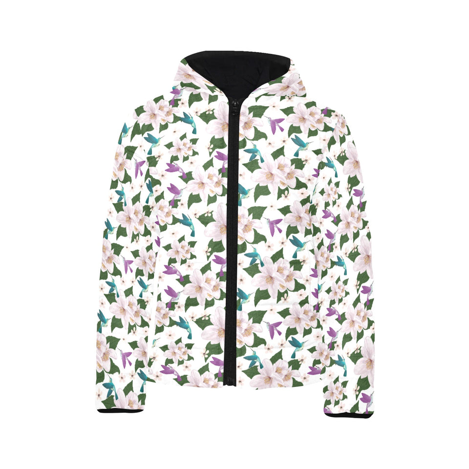 Hummingbird Pattern Print Design 01 Kids' Boys' Girls' Padded Hooded Jacket