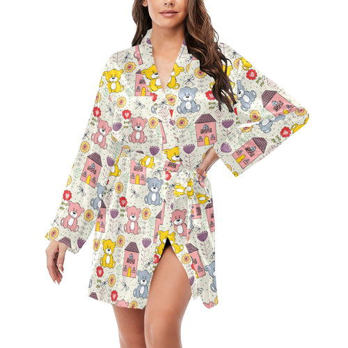 Teddy Bear Pattern Print Design 04 Women's Long Sleeve Belted Night Robe