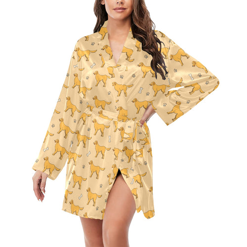 Golden Retriever Pattern Print Design 04 Women's Long Sleeve Belted Night Robe