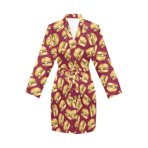 Hamburger Pattern Print Design 01 Women's Long Sleeve Belted Night Robe