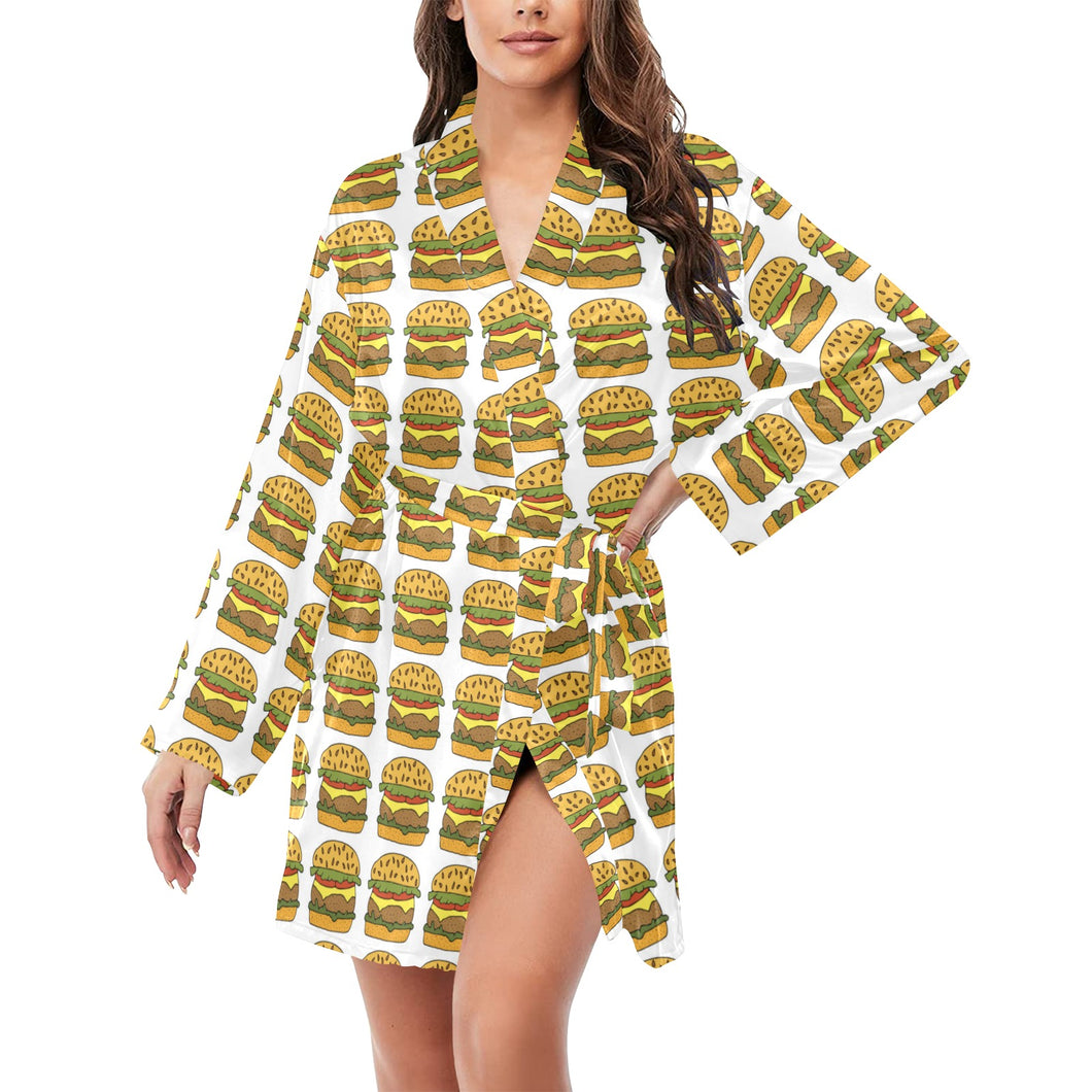 Hamburger Pattern Print Design 05 Women's Long Sleeve Belted Night Robe