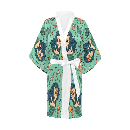 Mermaid Pattern Green Background Women's Short Kimono Robe