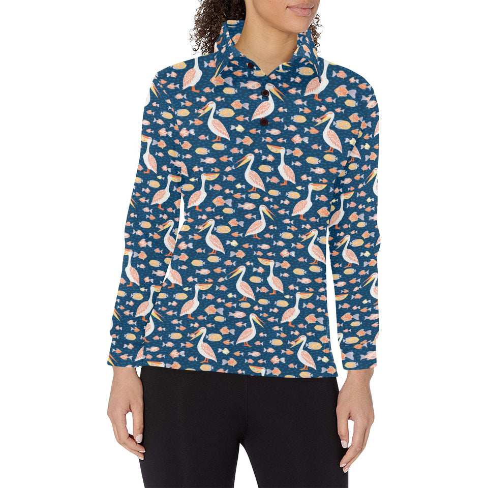 Pelican Pattern Print Design 01 Women's Long Sleeve Polo Shirt