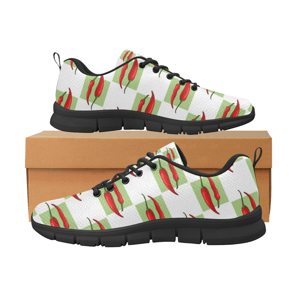 Red Chili Pattern Green White background Men's Sneakers Black