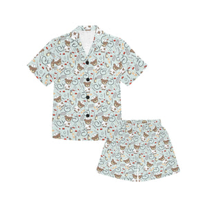 Teddy Bear Pattern Print Design 02 Kids' Boys' Girls' V-Neck Short Pajama Set