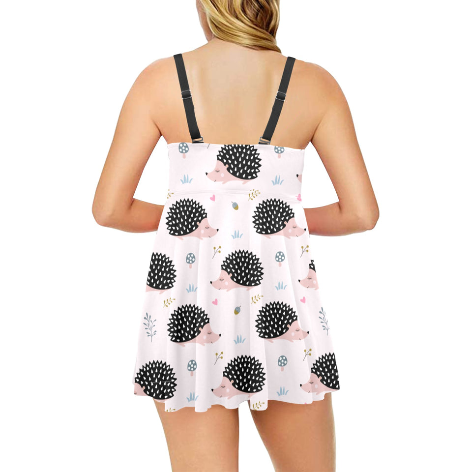 Hedgehog Pattern Print Design 04 Chest Sexy Pleated Two Piece Swim Dress