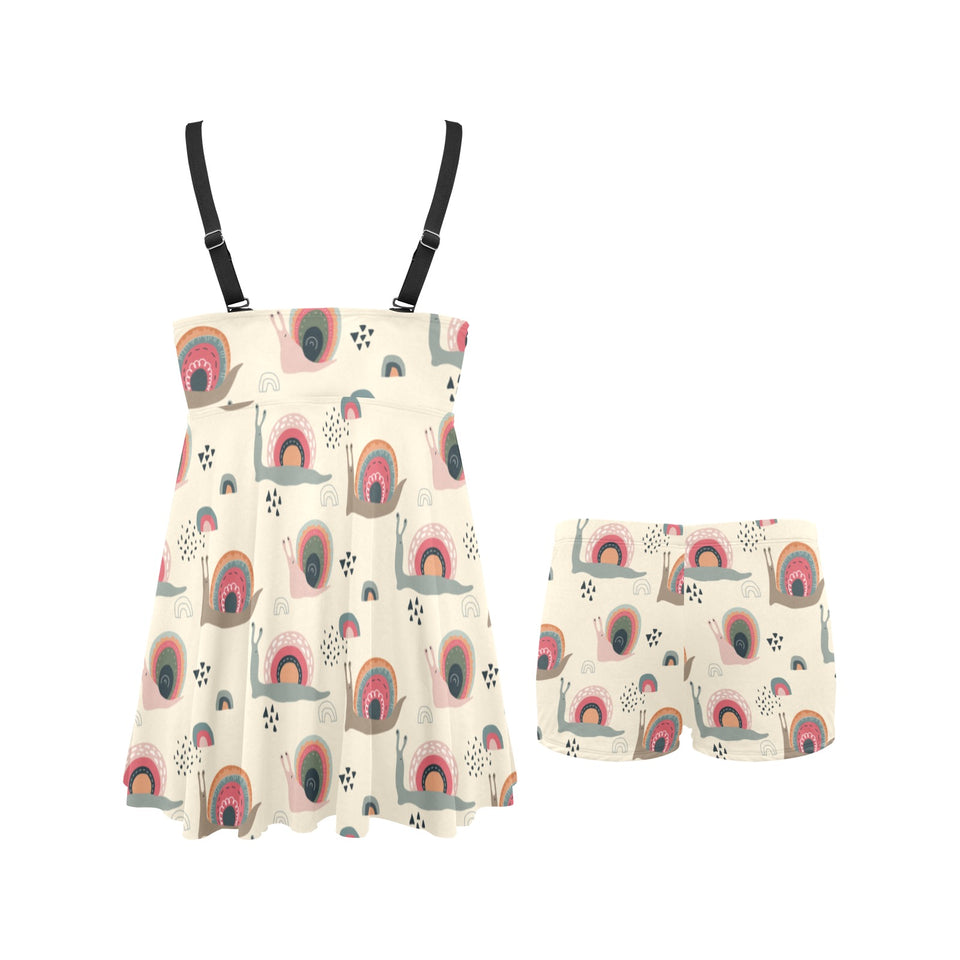 Snail Pattern Print Design 04 Chest Sexy Pleated Two Piece Swim Dress