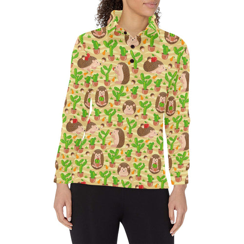 Hedgehog Pattern Print Design 02 Women's Long Sleeve Polo Shirt