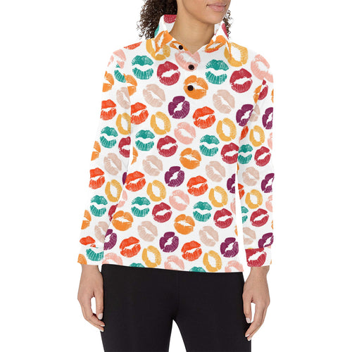 Lips Pattern Print Design 03 Women's Long Sleeve Polo Shirt