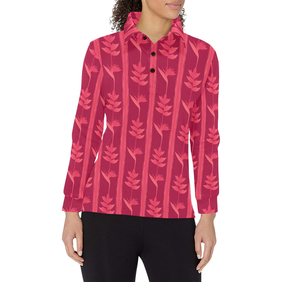 Heliconia Pink Pattern Women's Long Sleeve Polo Shirt