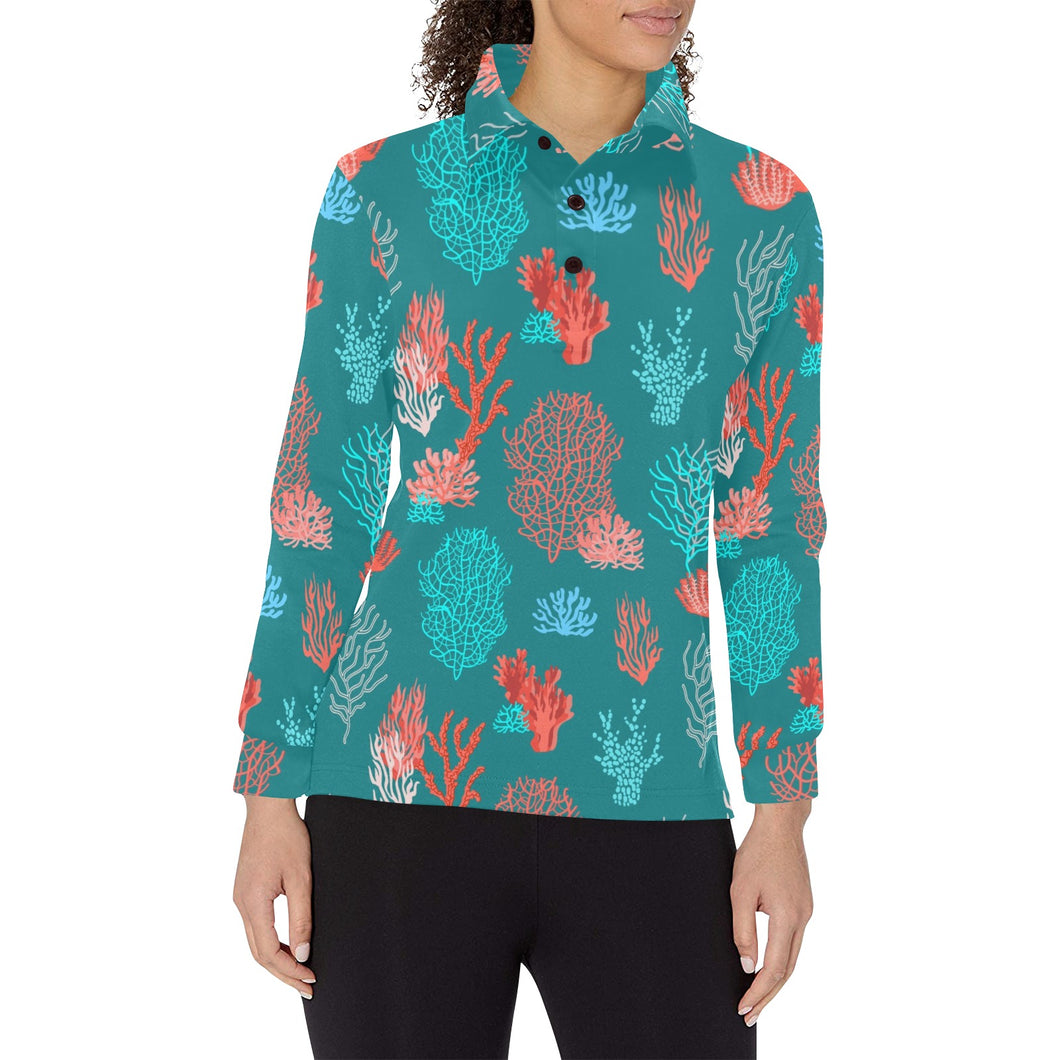 Coral Reef Pattern Print Design 04 Women's Long Sleeve Polo Shirt