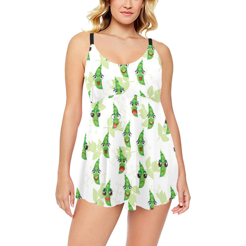 Green Peas Pattern Print Design 04 Chest Sexy Pleated Two Piece Swim Dress