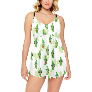 Green Peas Pattern Print Design 04 Chest Sexy Pleated Two Piece Swim Dress