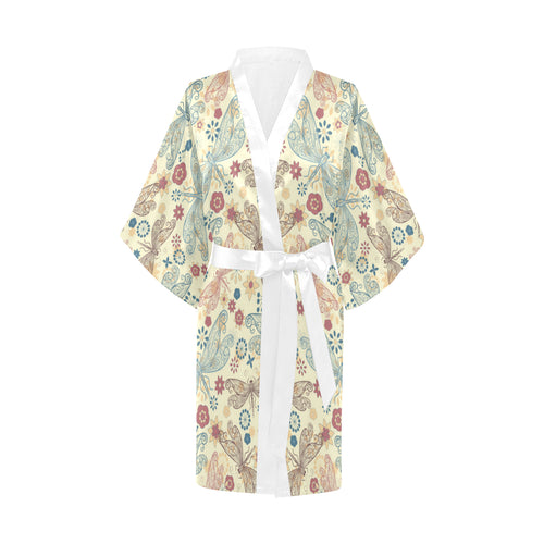 Dragonfly Flower Pattern Women's Short Kimono Robe