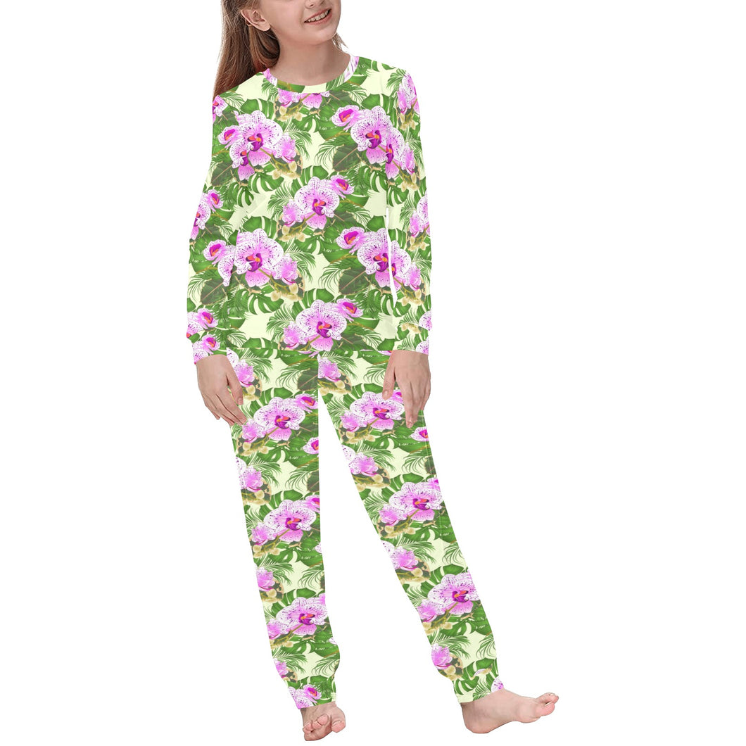 Orchid Leaves Pattern Kids' Boys' Girls' All Over Print Pajama Set