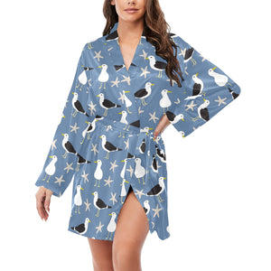 Seagull Pattern Print Design 01 Women's Long Sleeve Belted Night Robe