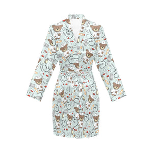 Teddy Bear Pattern Print Design 02 Women's Long Sleeve Belted Night Robe