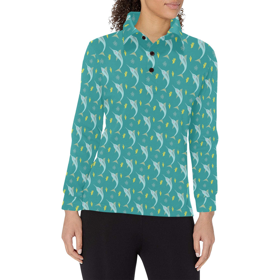 Swordfish Pattern Print Design 04 Women's Long Sleeve Polo Shirt