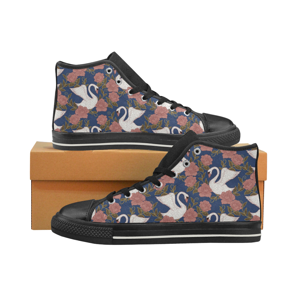 Swan Rose Pattern Men's High Top Canvas Shoes Black