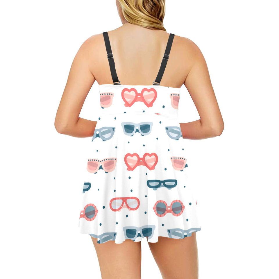 Sun Glasses Pattern Print Design 02 Chest Sexy Pleated Two Piece Swim Dress