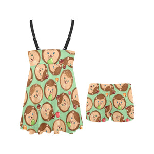 Hedgehog Pattern Print Design 01 Chest Sexy Pleated Two Piece Swim Dress