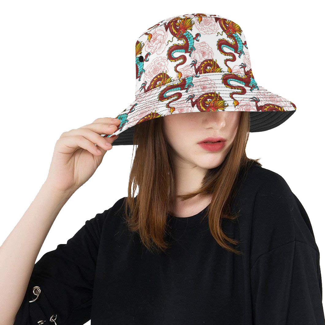 Red Dragon Hibiscus Pattern Unisex Bucket Hat