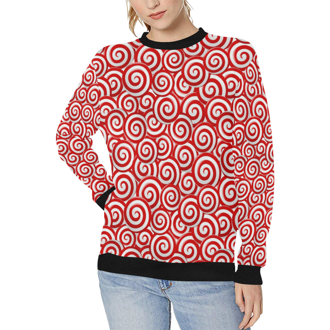 Red and White Candy Spiral Lollipops Pattern Women's Crew Neck Sweatshirt