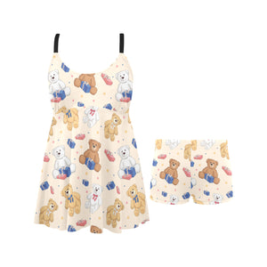 Teddy Bear Pattern Print Design 01 Chest Sexy Pleated Two Piece Swim Dress