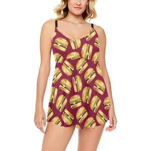 Hamburger Pattern Print Design 01 Chest Sexy Pleated Two Piece Swim Dress