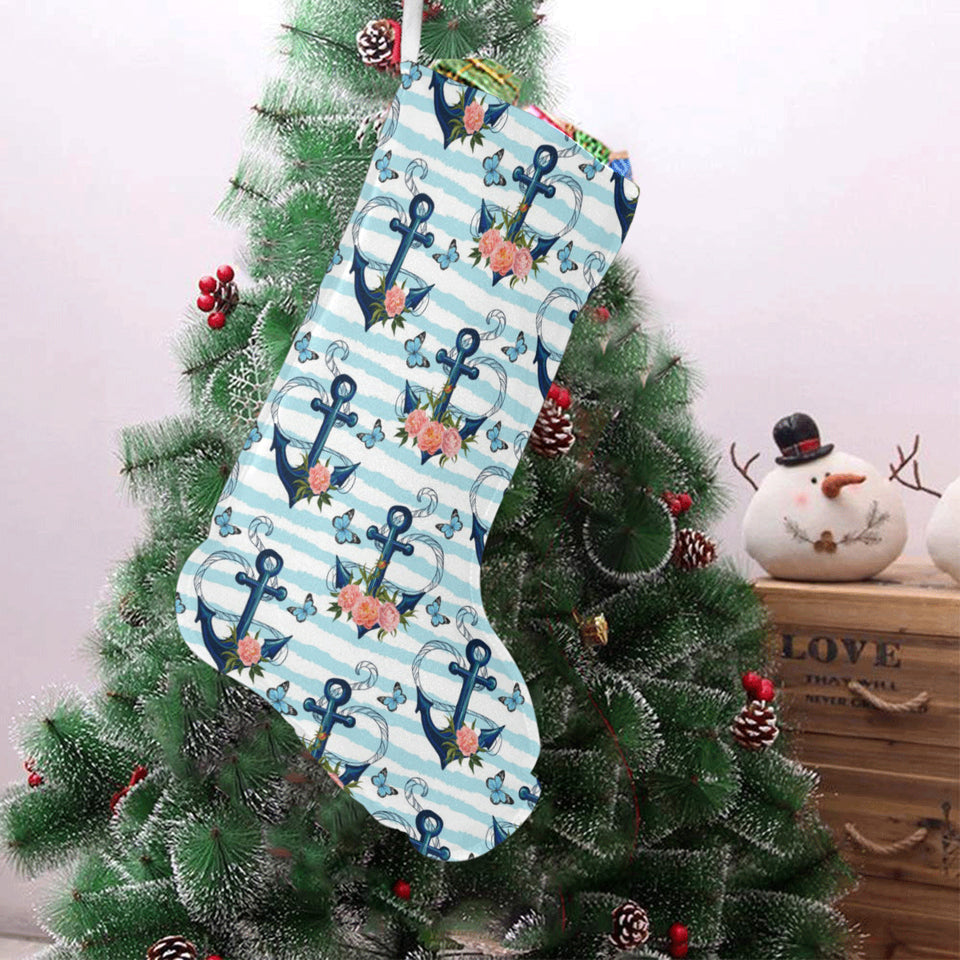 Anchor Flower Blue Stripe Pattern Christmas Stocking