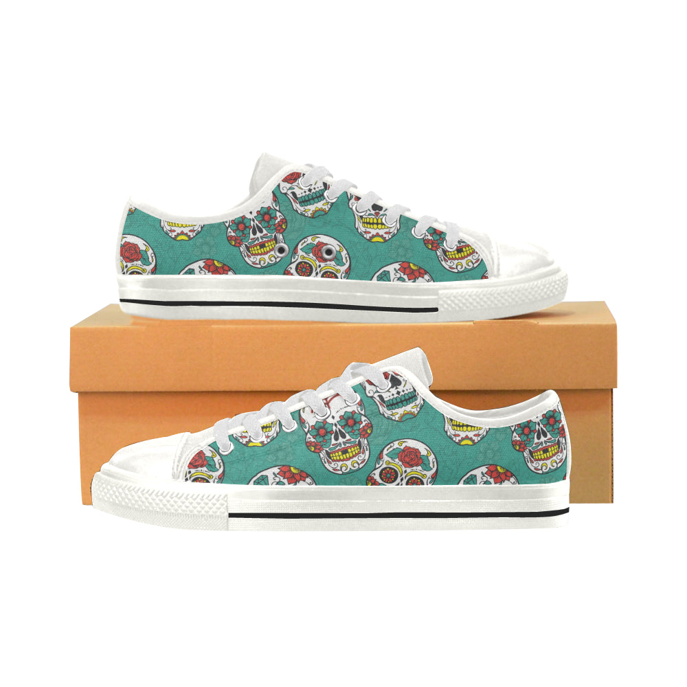 Suger Skull Pattern Green Background Women's Low Top Canvas Shoes White