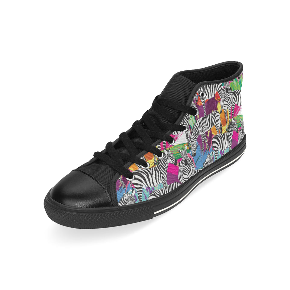Zebra Colorful Pattern Men's High Top Canvas Shoes Black