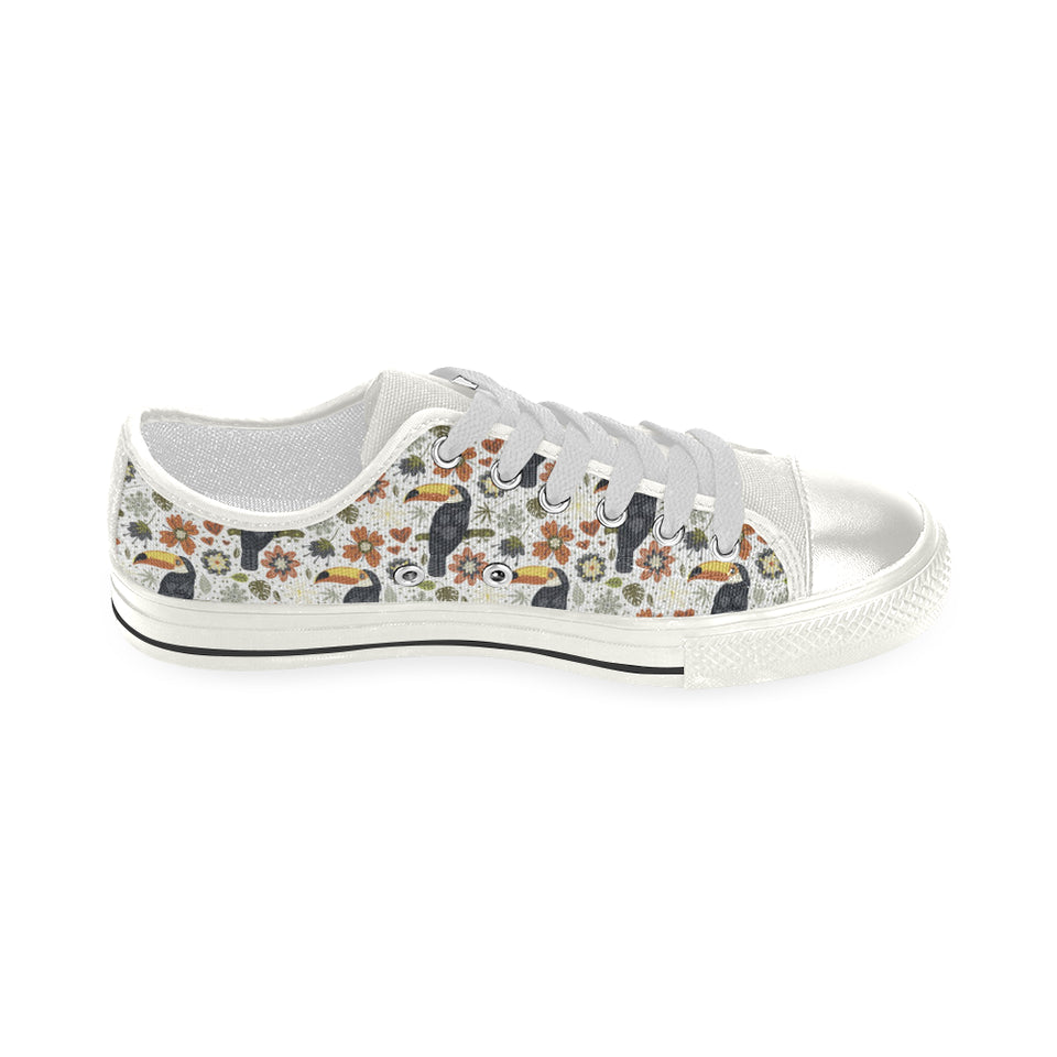 Toucan Flower Pattern Women's Low Top Canvas Shoes White