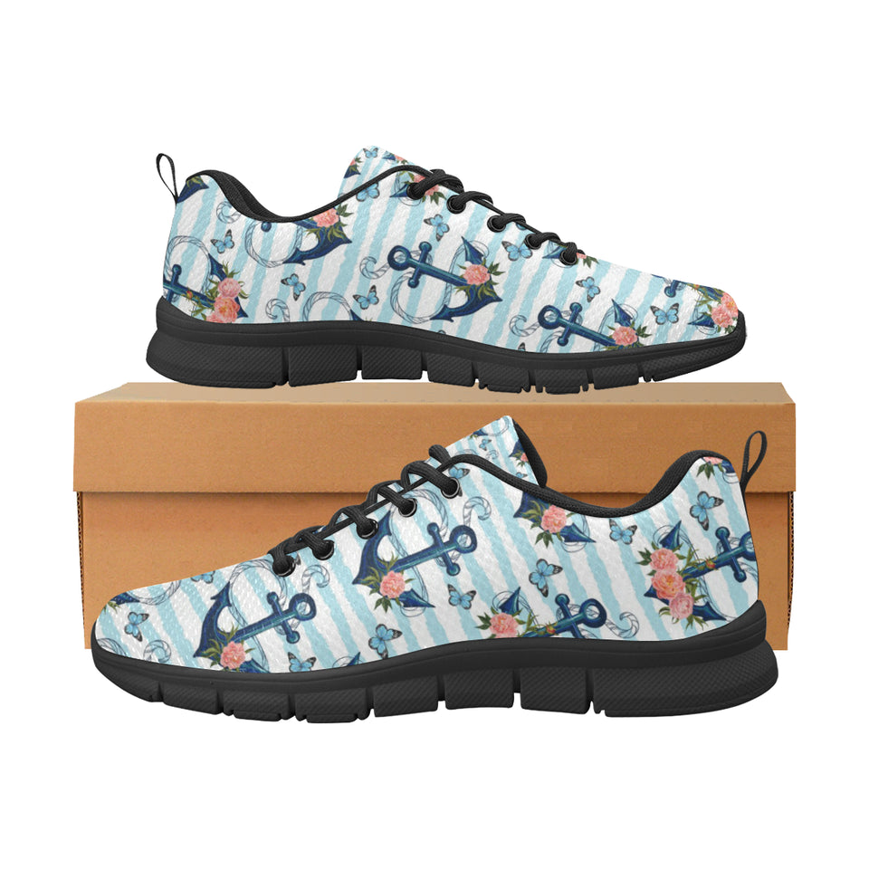 Anchor Flower Blue Stripe Pattern Men's Sneakers Black