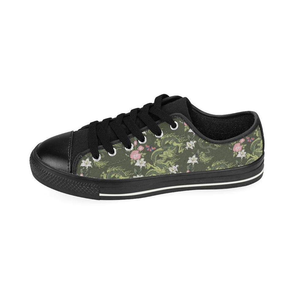 Green Dragon Rose Flower Pattern Kids' Boys' Girls' Low Top Canvas Shoes Black