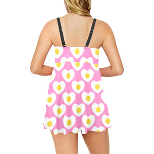 Fried Eggs Pattern Print Design 02 Chest Sexy Pleated Two Piece Swim Dress