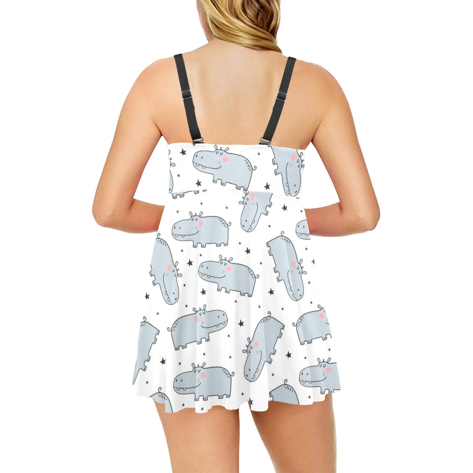 Hippopotamus Pattern Print Design 01 Chest Sexy Pleated Two Piece Swim Dress