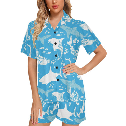 Shark Pattern Blue Theme Women's V-Neck Short Pajama Set