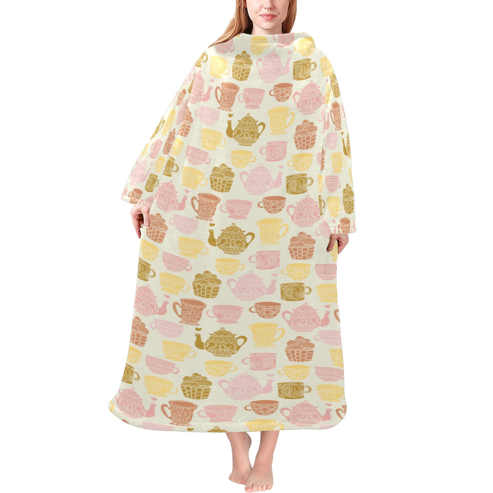 Tea pots Pattern Print Design 02 Blanket Robe with Sleeves