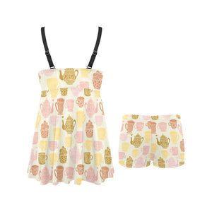 Tea pots Pattern Print Design 02 Chest Sexy Pleated Two Piece Swim Dress