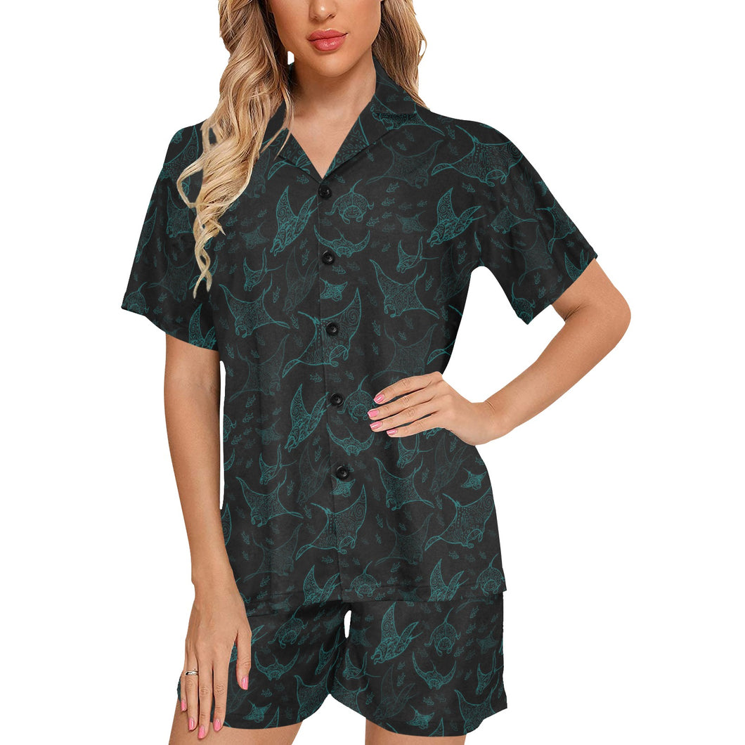 Stingray Pattern Print Design 02 Women's V-Neck Short Pajama Set