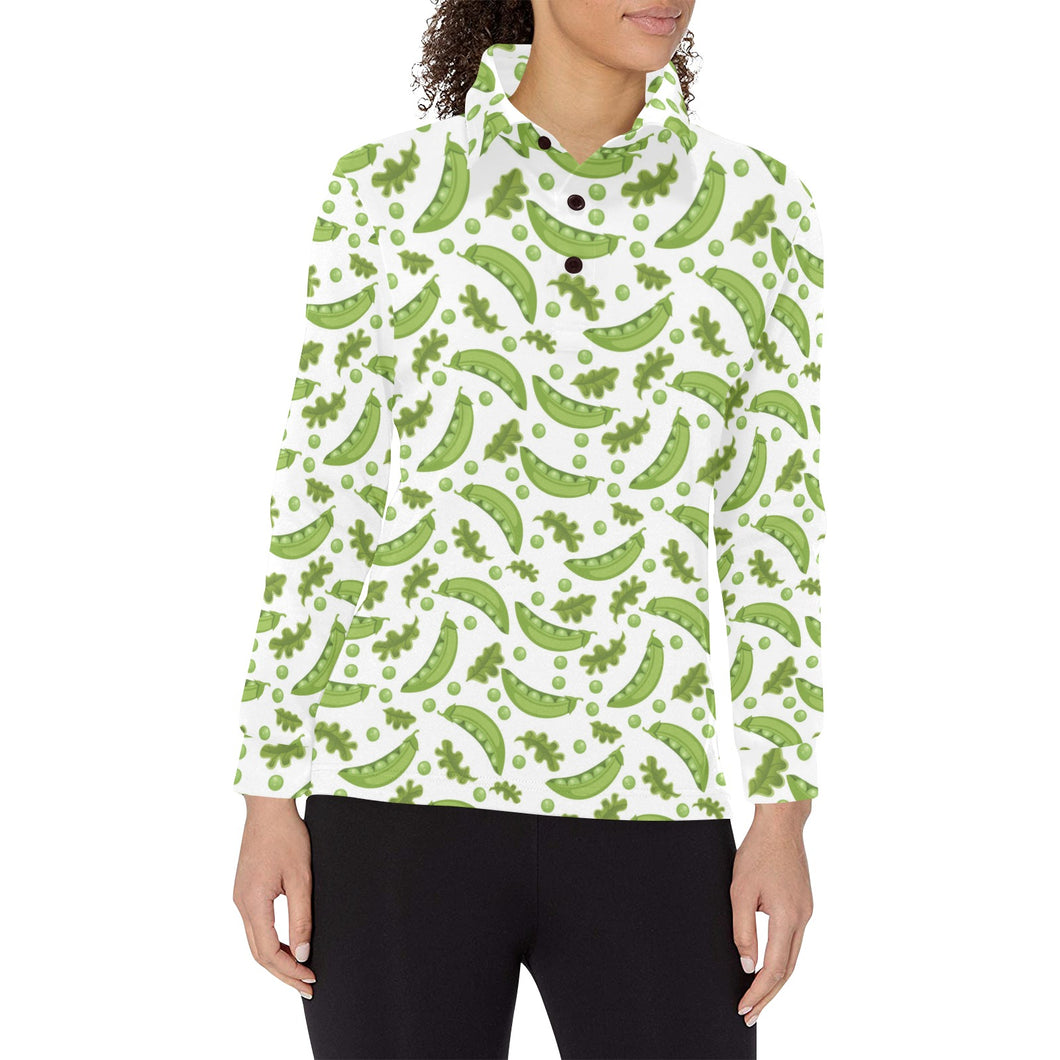 Green Peas Pattern Print Design 02 Women's Long Sleeve Polo Shirt