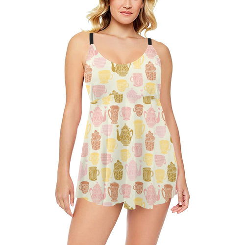 Tea pots Pattern Print Design 02 Chest Sexy Pleated Two Piece Swim Dress