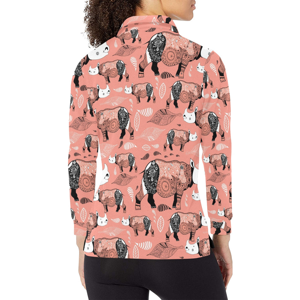 Rhino Tribal Pattern Women's Long Sleeve Polo Shirt