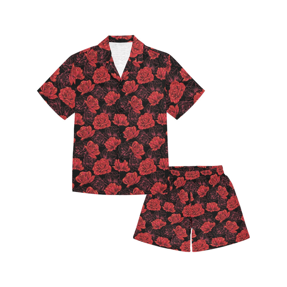 Rose Pattern Print Design 01 Kids' Boys' Girls' V-Neck Short Pajama Set