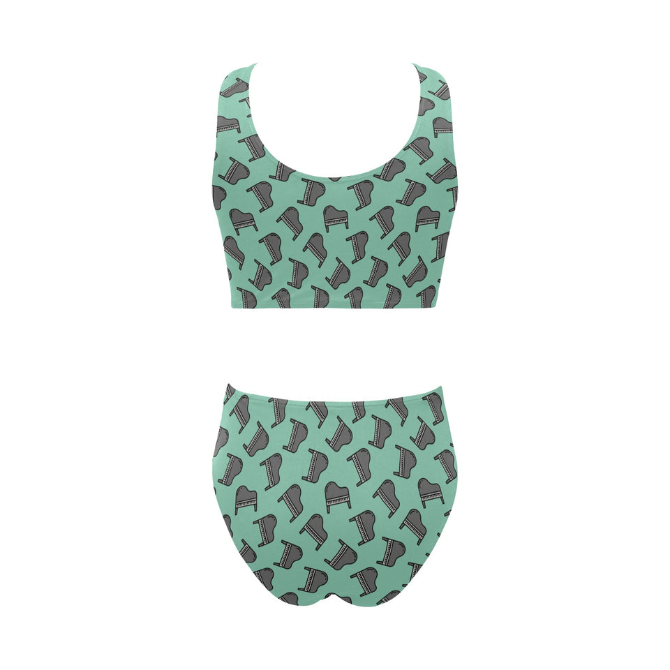 Piano Pattern Print Design 04 Chest Bowknot High Waisted Bikini Swimsuit