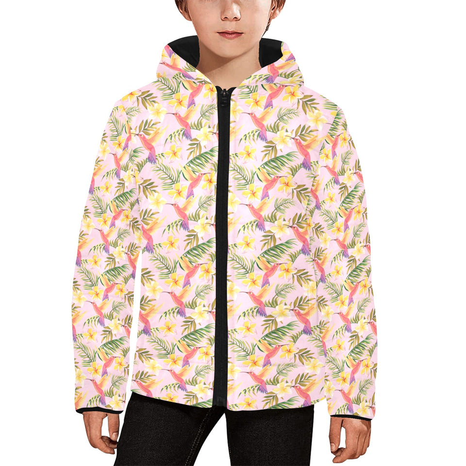 Hummingbird Pattern Print Design 03 Kids' Boys' Girls' Padded Hooded Jacket